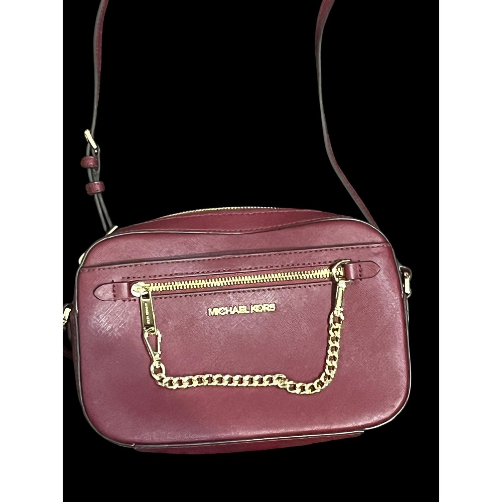 Michael Kors Jet Set East West Crossbody Burgundy Saffiano Leather Chain Gold - Picture 2 of 11